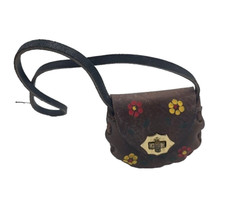 VTG Women Mexican Brown Leather Floral Tooled Mini Shoulder Boho Bag Purse 4"x4"