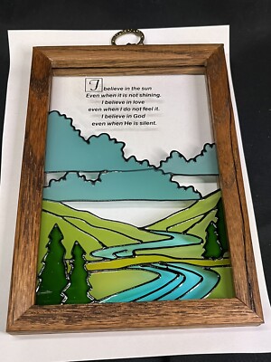 VINTAGE WOOD FRAME LEAD GLASS PLAQUE I BELIEVE IN GOD 5 X 7  NOS