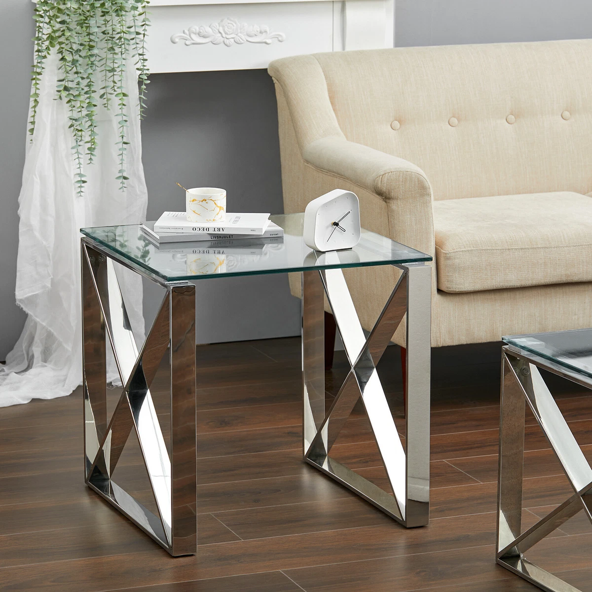 Modern Clear Glass Top Chrome Leg Coffee Table Console Table Sofa