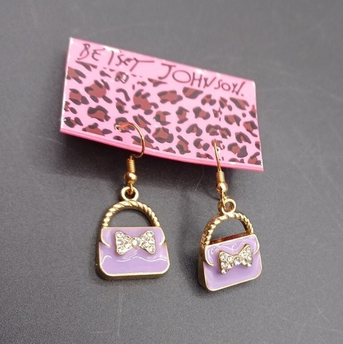 New Betsey Johnson Enamel Rhinestone Purple Bow Purse Bag Drop Earrings With Tag - Picture 3 of 3
