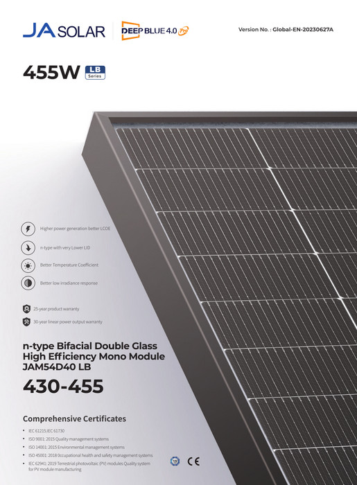 $176/panel FREE SHIPPING JA Solar JAM54D40/LB 440W Bifacial,