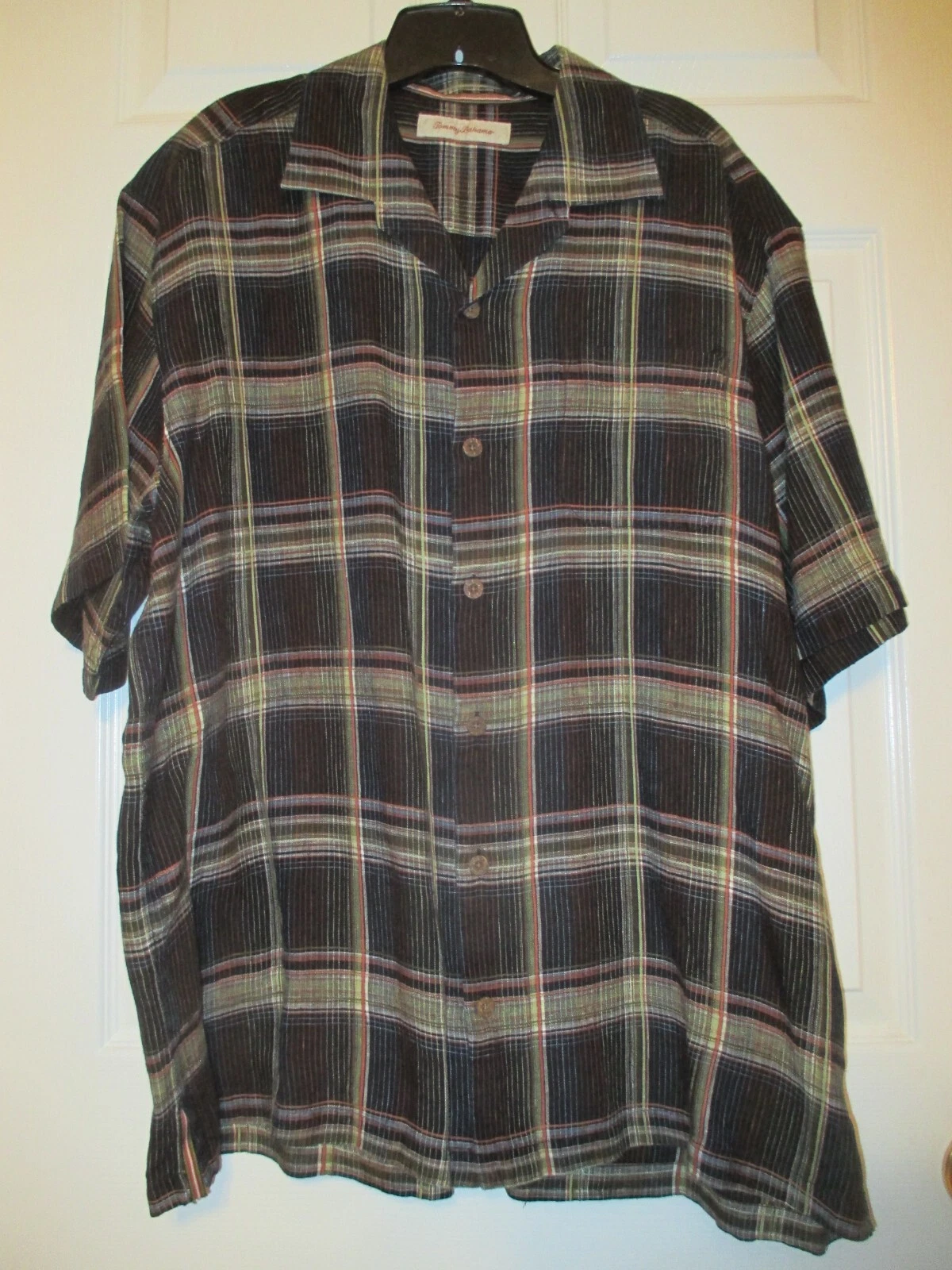 Tommy Bahama Linen Short Sleeve Shirt Size XL Black Plaid