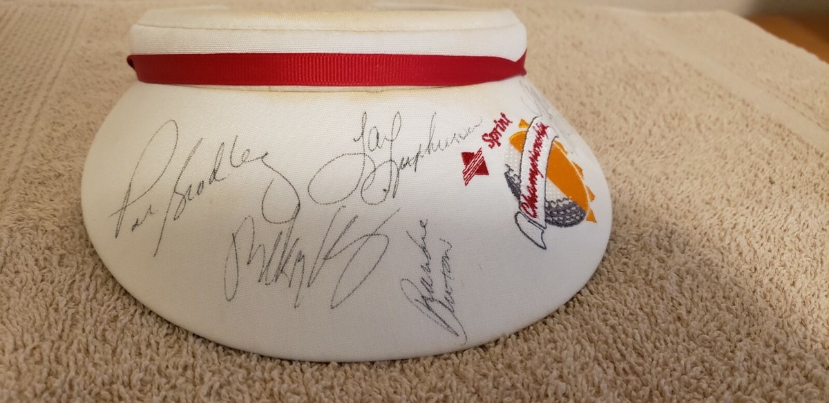 Vintage Cream Sprint Championship Autographed Visor with Embroidered Crest Tony Pedregon Hat Cap Strap Back Mens One Size Black NHRA  main image 3