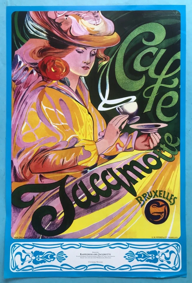 Art Nouveau Kaffee Reklame Werbung Plakat Cafe Jacqmotte Bruxelles Entwurf ~1900