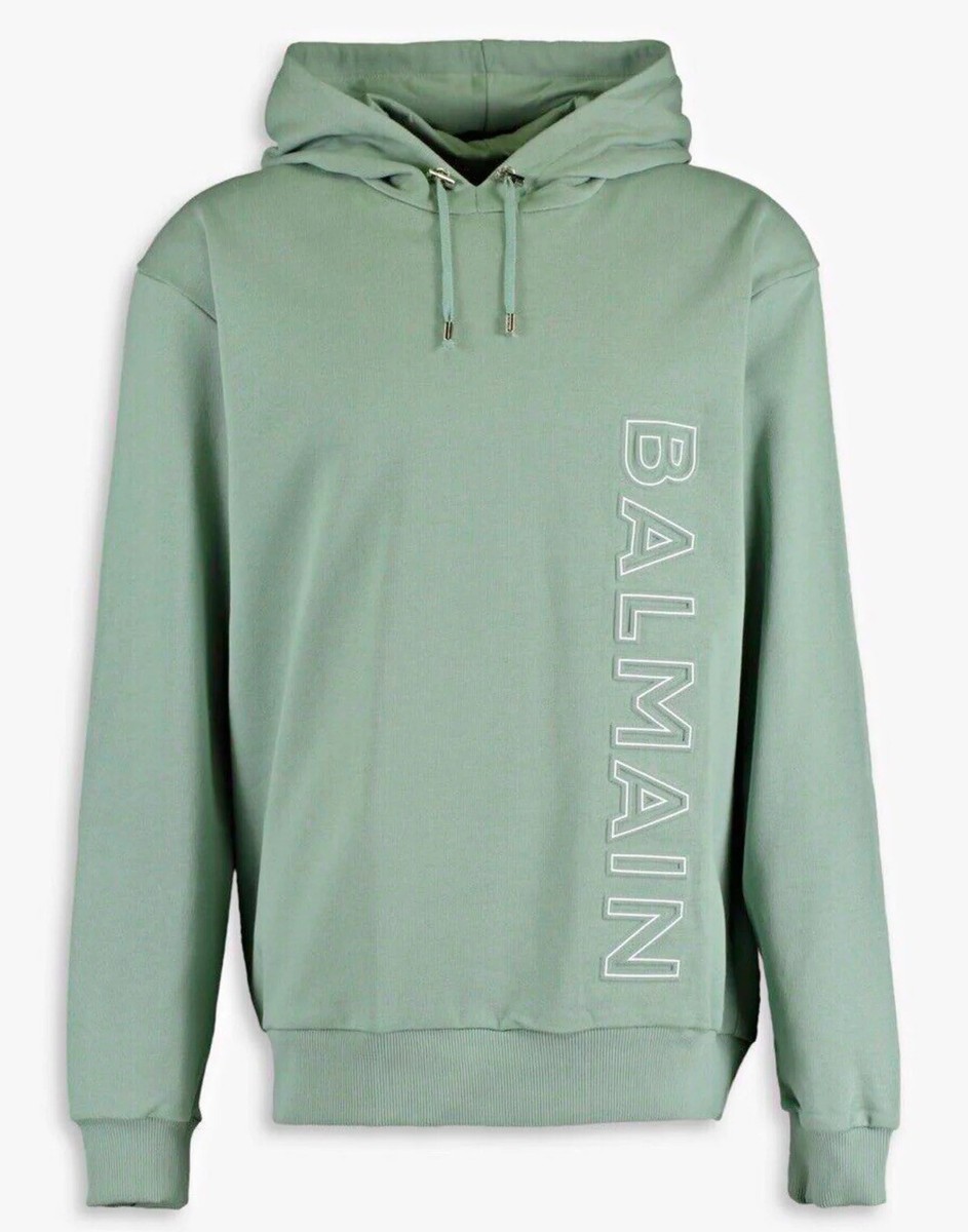 850 BALMAIN Paris Logo-Embossed Mint Green Terry Sweatshirt Hoodie