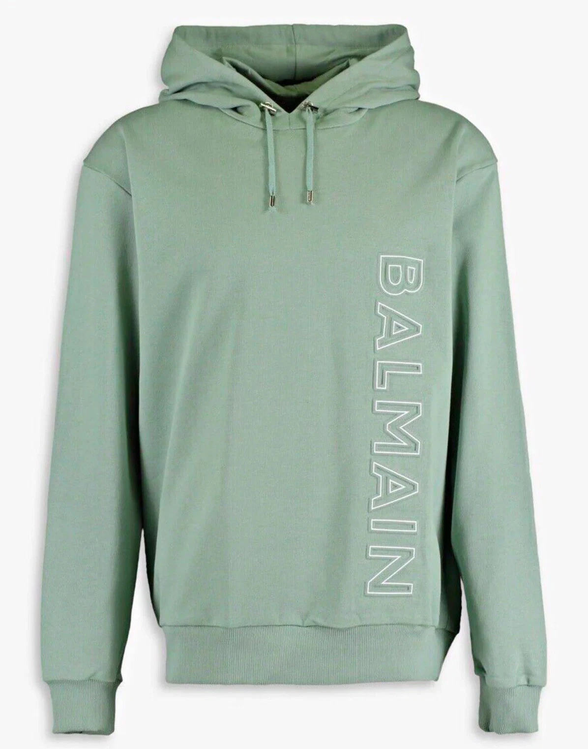 Balmain — £850 BALMAIN Paris Logo-Embossed Mint Green Terry Sweatshirt Hoodie