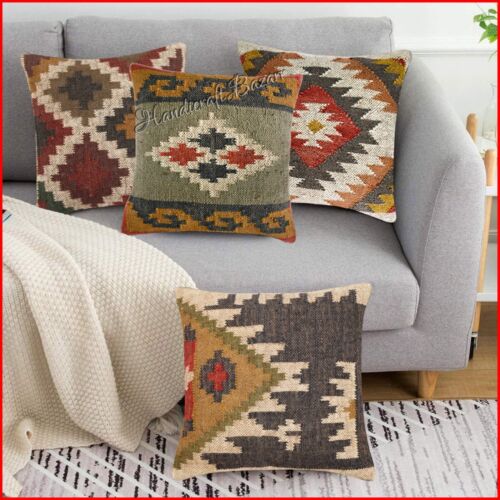 Indian Handwoven Cushions Home Deco Kilim Pillow Cases Wool Jute Boho Throw 4 pc - Picture 1 of 113