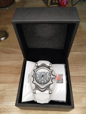 Oakley White Leather Saddleback Gray Dial Honed Stainless Steel Wrist Watch