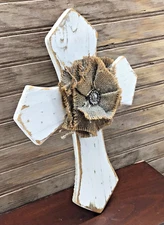 Cross Christian Wall Hanging White Rustic Wood with Burlap Flower 12" X 9"