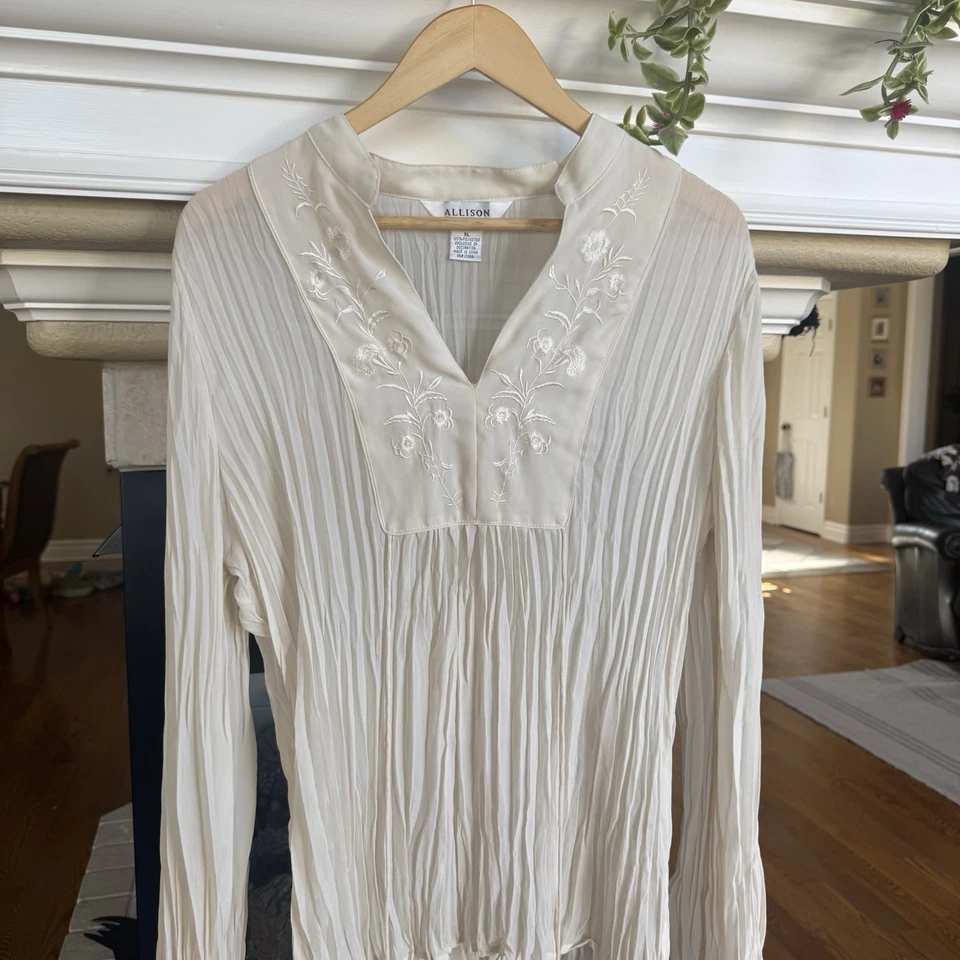 Vintage 90s Y2K Allison Taylor Western Cottage Pleated White Ruffle Blouse XL - Image 3 of 4
