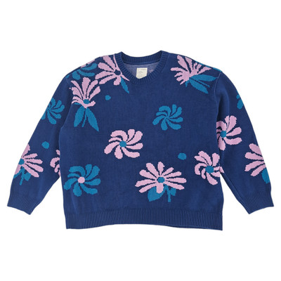 For Days Oversized Floral Crew Sweater 100% Cotton Navy Blue Women's Size XXL