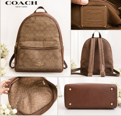 Coach Brown Signature Monogram Zip Backpack Medium Adjustable Straps Gold HW