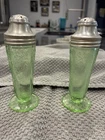 Green Florentine no. 2 Depression glass Salt and pepper shakers. Lid Has A Dent
