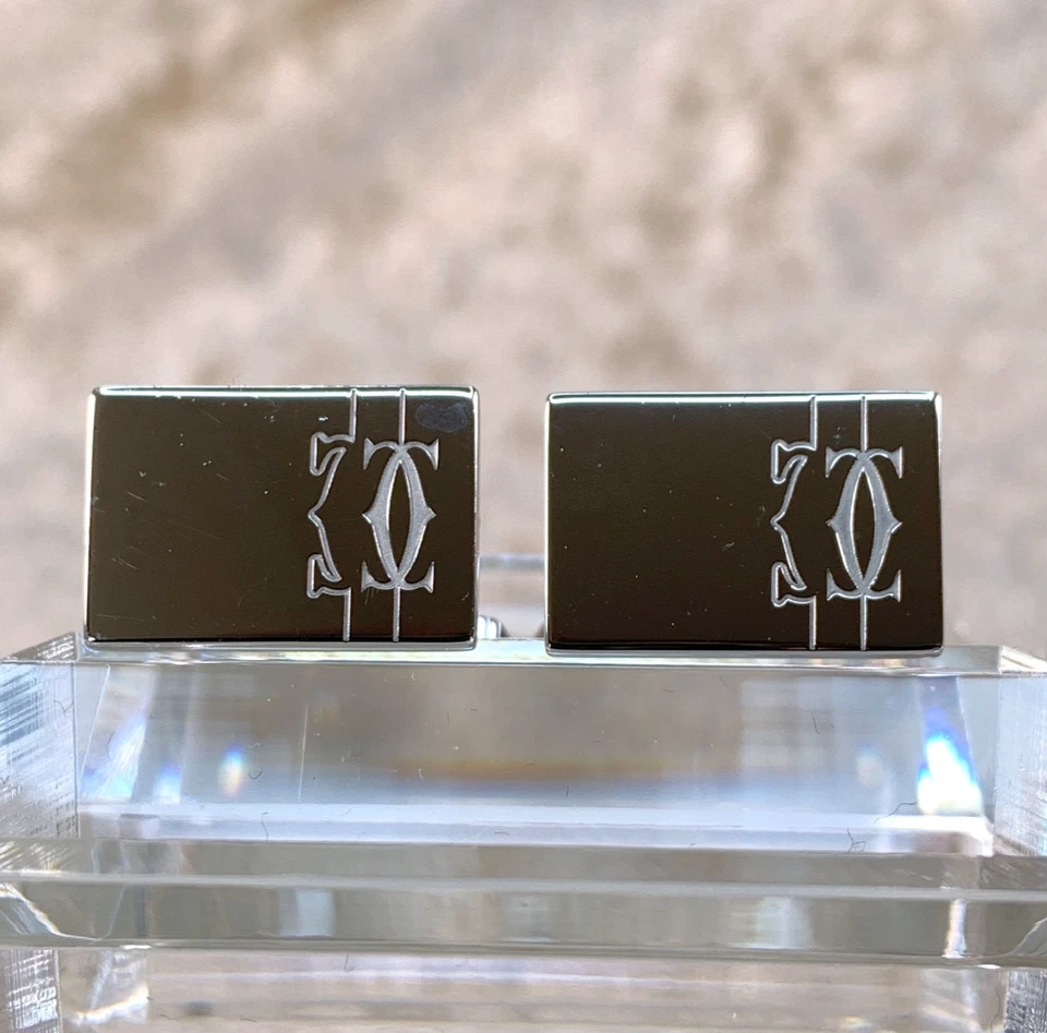 Запонки Cartier из стерлингового серебра 925 пробы прямоугольные линии и логотип с чехлом - Изображение 3 из 4