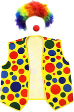 3 Pack Clown Costume Set - Rainbow Wig, Nose, Vest for Halloween Cosplay Parties