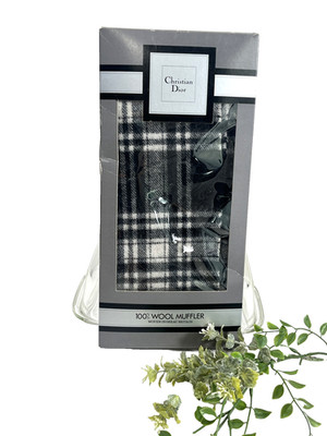 New Vtg Christian Dior Mens Black Plaid Wool Scarf Muffler Boxed Made in Britain