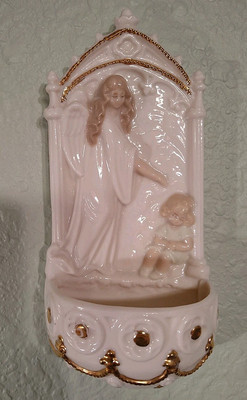 Guardian Angel Catholic Holy Water Font Ceramic Religious White And Gold