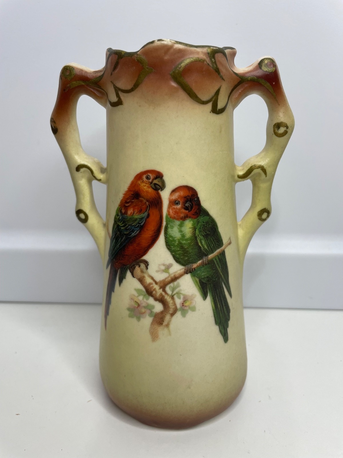 Vintage Art Deco Czech Porcelain two handles Vase two parrots love Birds