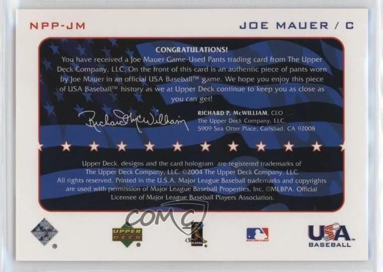 2004 Upper Deck National Pride Series 2 Pants Joe Mauer #NPP-JM HOF - Image 2 of 2