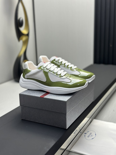 Prada Olive Gloss Patent Leather Mesh Panel Men Lace‑Up Casual Trainers