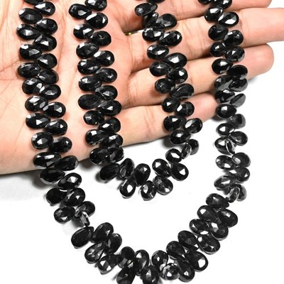 Schwarzer Spinell facettierte Birne Briolette Edelstein Perlen 2 Strang Schic...