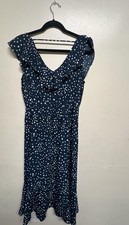 SOCIALITE Navy White Polka Dot Ruffle Midi V Neck Sleeveless Sundress Button M