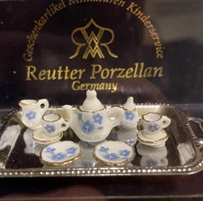 Doll House Reutter Porzellan Germany Miniature Tea Set – Blue Floral Gold Trim