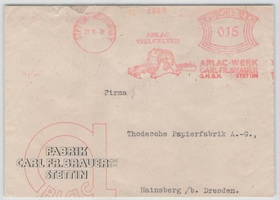 D. Reich Freistempel-Beleg STETTIN 1931 Arlac Vielfälter, Brauer GmbH [532] - Bild 1 von 2