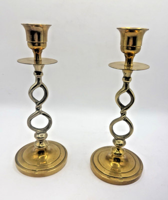 Vintage Pair Brass Candlesticks Open Twist Spiral Design 7.5  Tall