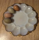 1 Vintage Anchor Hocking Milk Glass Deviled Egg Plate with Gold Trim Ornate 10"