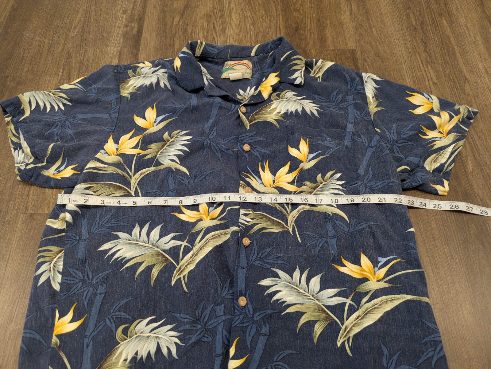 Vintage Paradise Found Hawaiian Shirt Men's Large Blue Button Up Floral Beach
