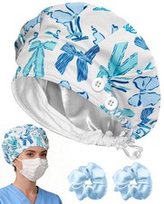Satin Lined Bouffant Scrub Cap Buttons Adjustable Cotton Nurse Hat Sweatband