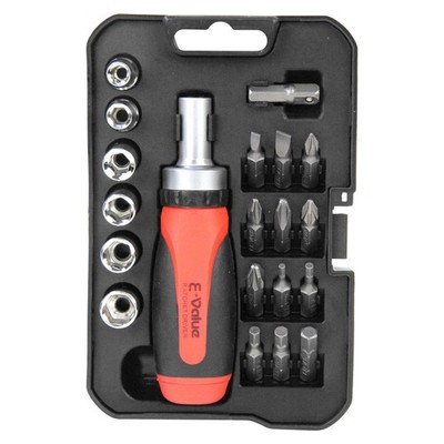 E-Value ratchet driver set, compatible with positive screws, set of 20 ERD-110