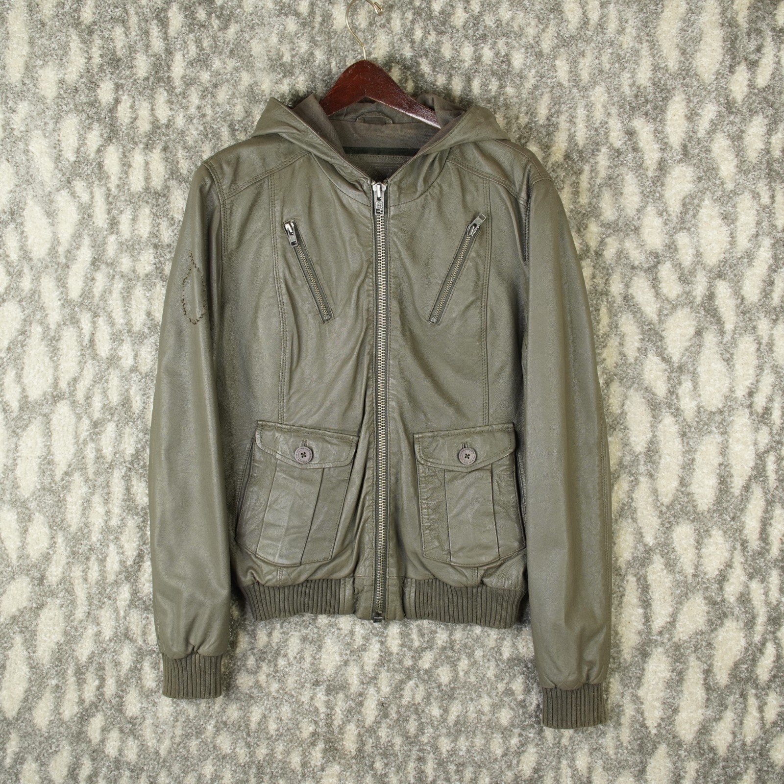 Superdry Hooded Leather Bomber Jacket Womens Size Large Green Multi-Pockets EUC image 2