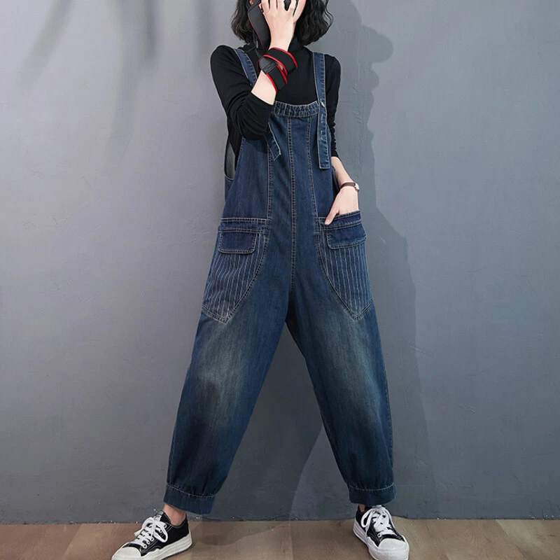 Damen Jeans Denim Latzhose Overall Taschen Locker Gerade Hose Workwear - Bild 3 von 4