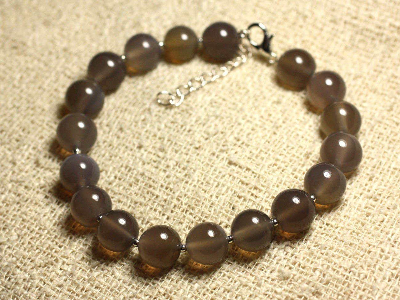 Bracelet argent 925 et pierre semi précieuse agate grise 10mm pour bijoux tendance