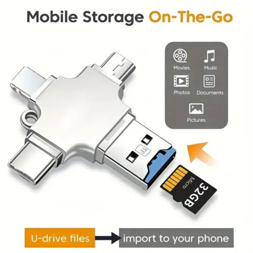 Micro-SD Card Reader 4 in 1 USB 3.0 for iPhone, Type-C Phone, Android