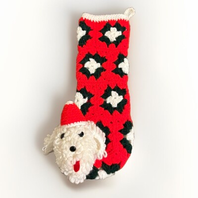 VTG Granny Squares Crocheted White Puppy Dog 15  Christmas Stocking Red & Green