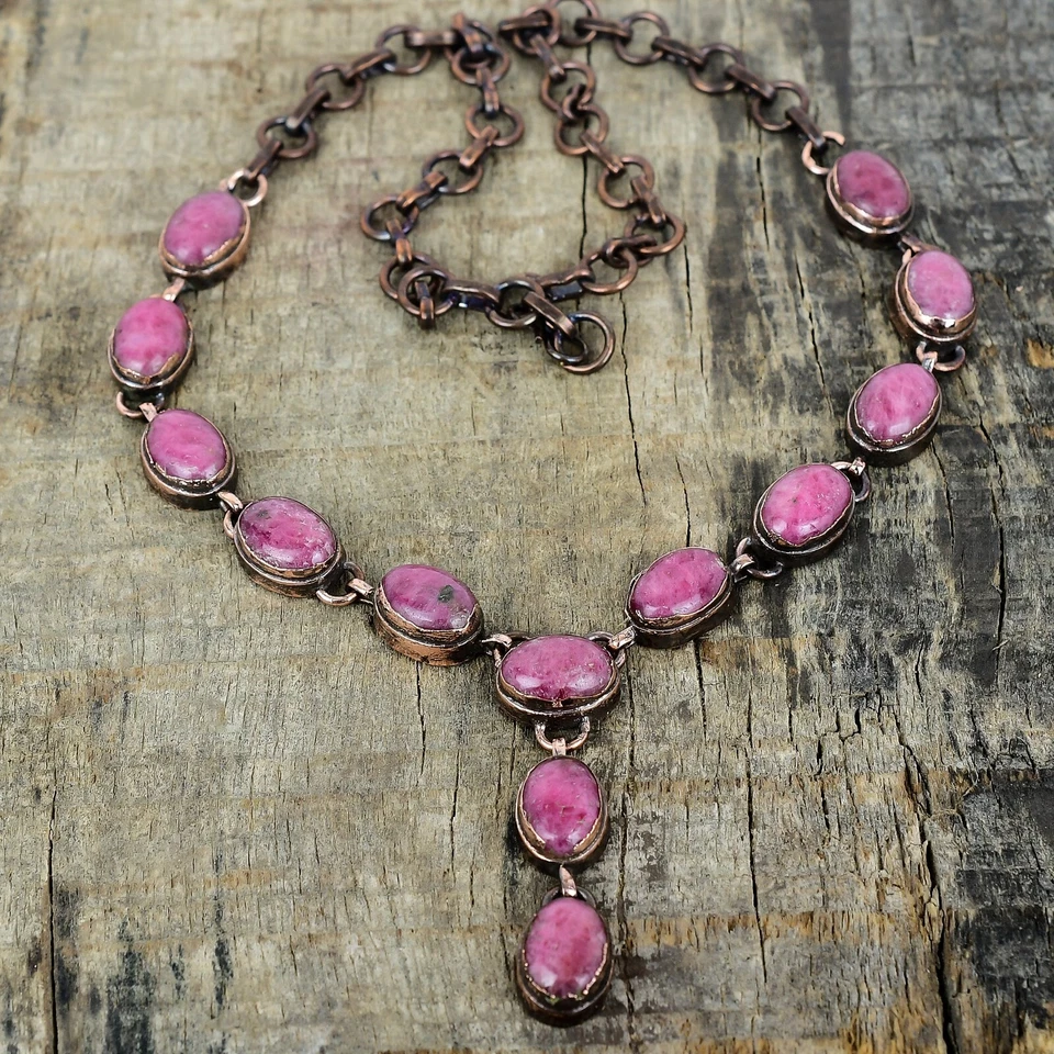 Womens day Sale Oval Rhodonite Gemstone Electroformed Chain Wife Necklace Copper - Image 3 of 4
