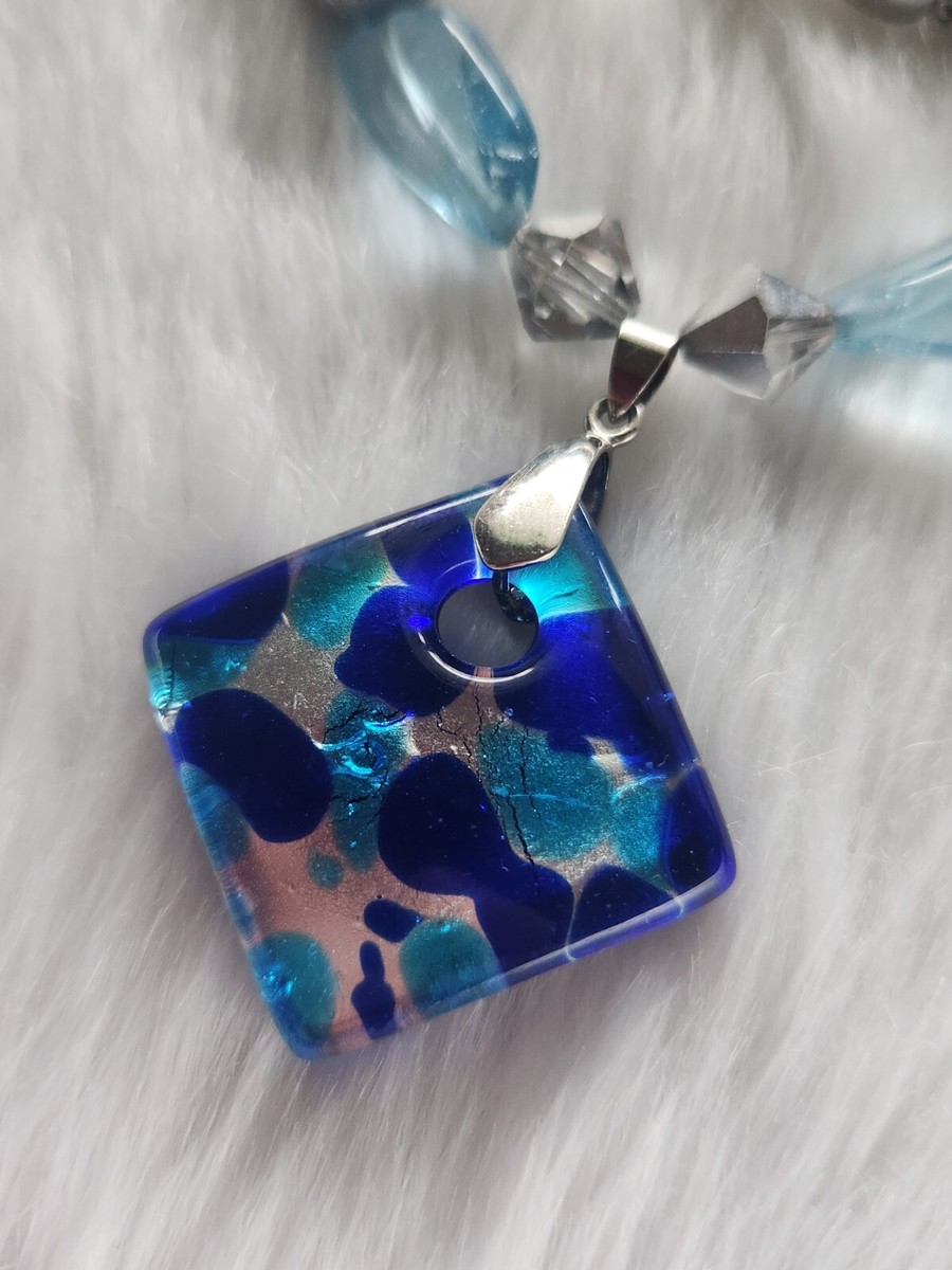 Vintage Signed Blue Murano Glass Pendant Beaded Chain Necklace  View 5