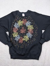 Vtg JERZEES Women L 42 44 Black Embellish Fall Leaf Reef Sweater USA Made