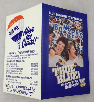 CFL 1987 Winnipeg Blue Bombers Pocket Football Schedule - ReMax 