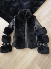 Black Fuax Fur/leather Coat Size Uk 12 Used