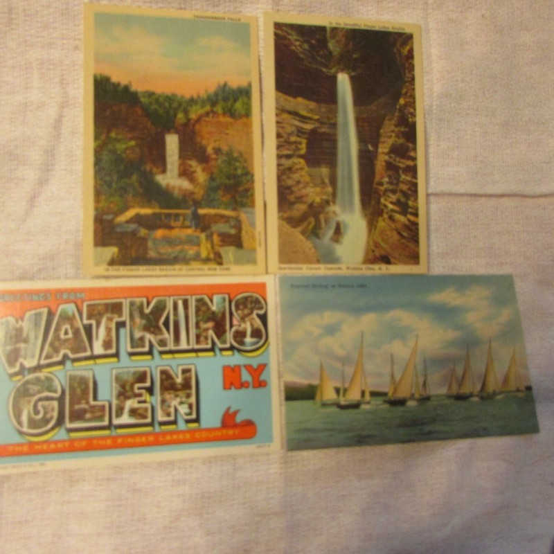 4 Vintage Watkins Glen N. Y. Postcards Greetings Seneca Lake & Falls