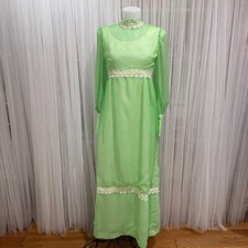VTG 70's Handmade Green Sheer Maxi Dress Lace Ribbon Prairie Cottagecore Gown