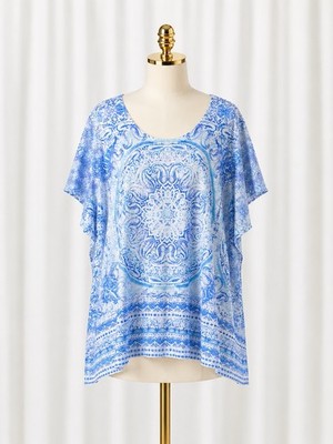 Belle BOHO by Kim Gravel Slub Knit Exotique Tile Print Top Blue A683284 Size 3X