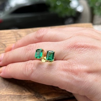 Ohrstecker 2 kt Smaragdschliff Lab Created grüner Smaragd 14 Karat Gelbgold vergoldet
