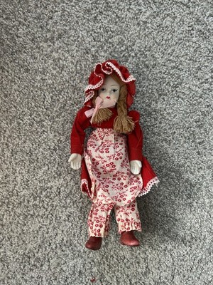 Vintage Porcelain and Yarn Girl Doll with Bonnet Pigtails Red Dress 9'' Tall