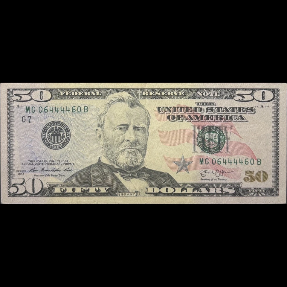 06444460 2013 $50 Fifty Dollar Bill Radar Palindrome Fancy Serial FR 2132-G VF - Image 2 of 4