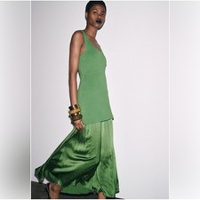ZARA Green Combination Ribbed Tank Knit Maxi Dress Pleated Skirt
